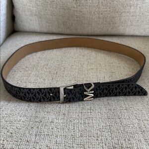 Michael Kors Black MK Logo Leather Belt with Silver MK Buckle